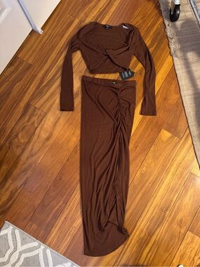 Lulu's Brown Ribbed Two-Piece Skirt Set